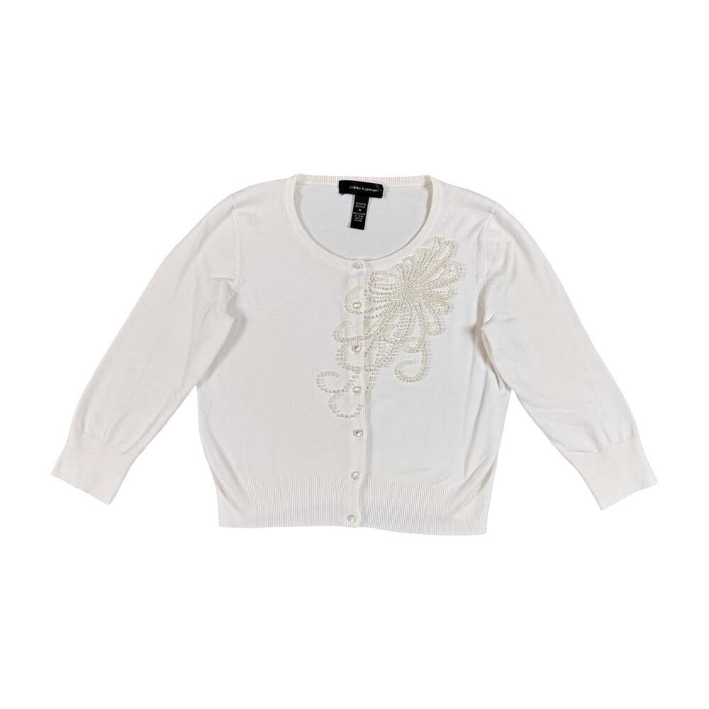 Cable & Gauge Women’s White Beaded Embellished Cardigan Sweater Size M
